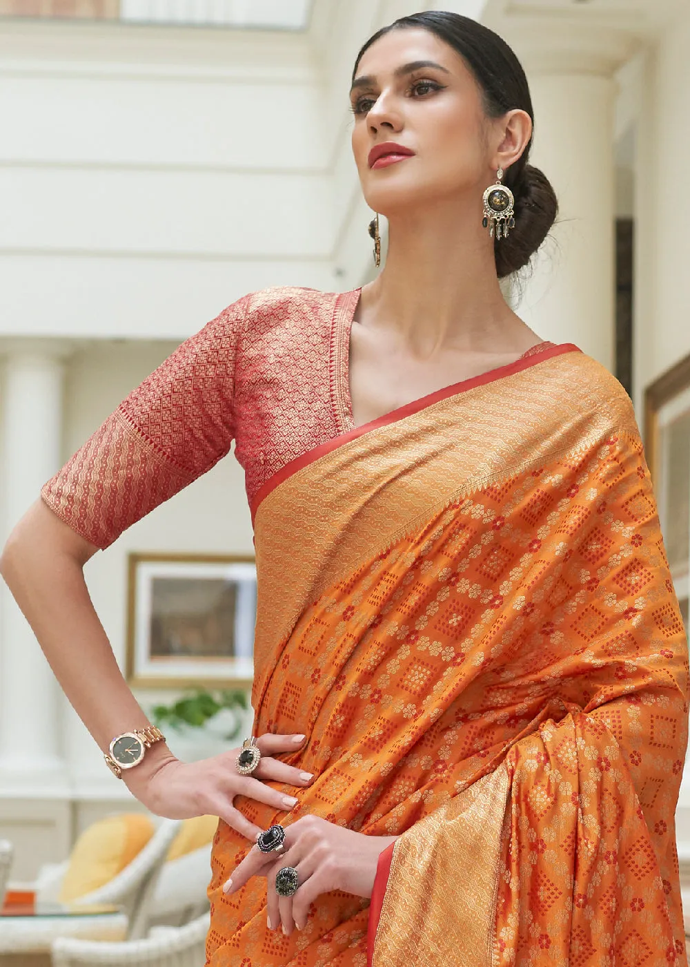 Peel Orange Handloom Patola Weave Silk Saree