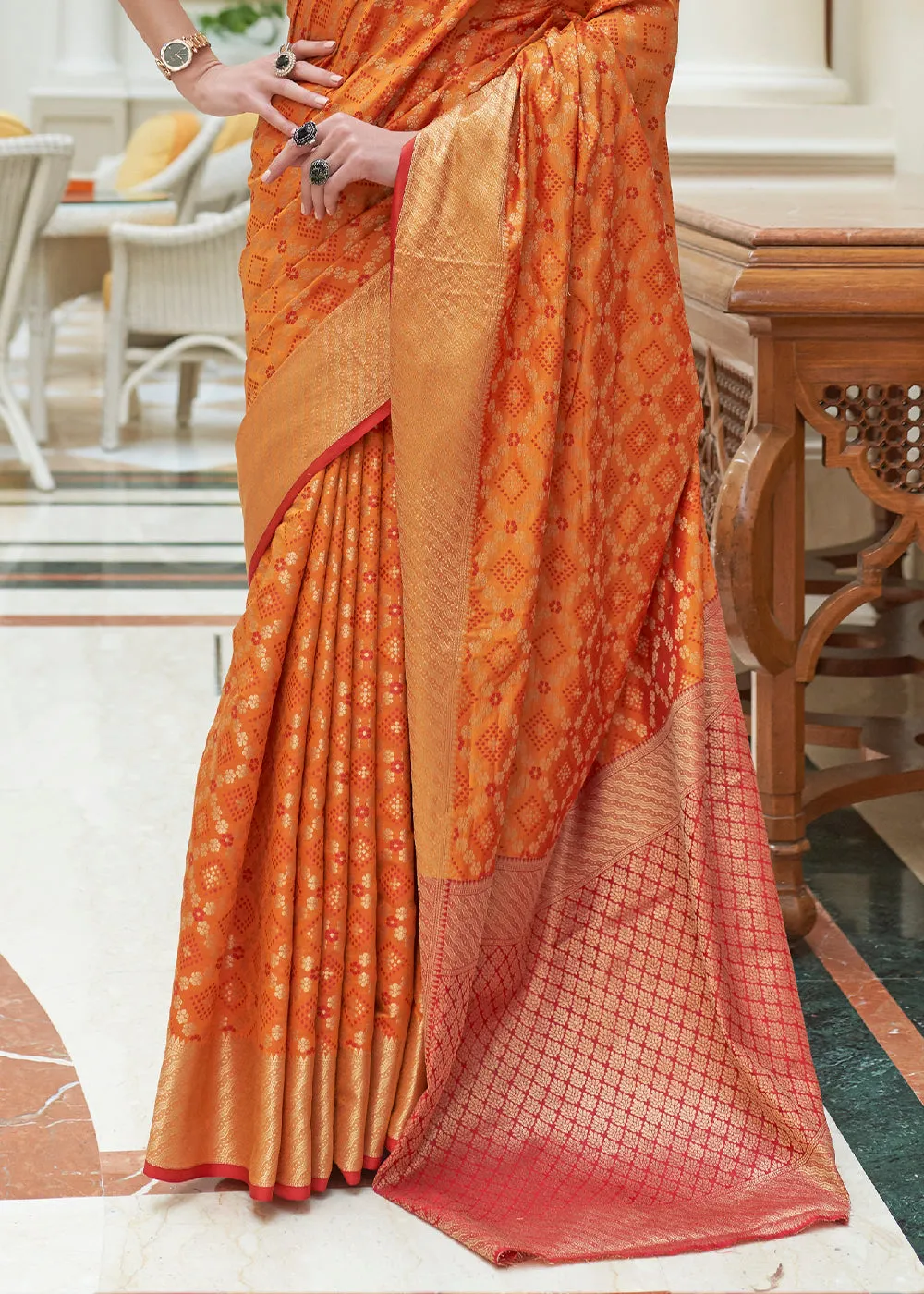 Peel Orange Handloom Patola Weave Silk Saree
