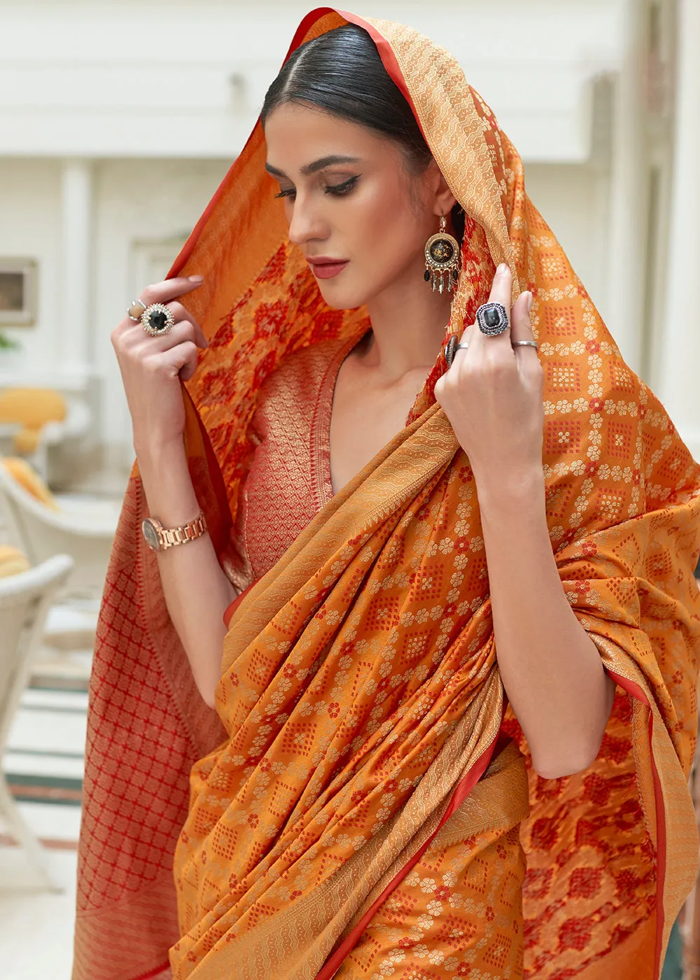 Peel Orange Handloom Patola Weave Silk Saree