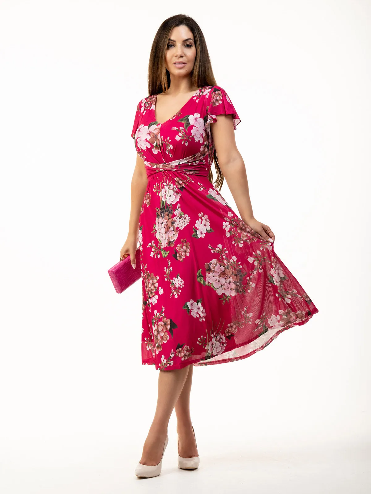 Sarina Wrap Mesh Midi Dress, Cerise