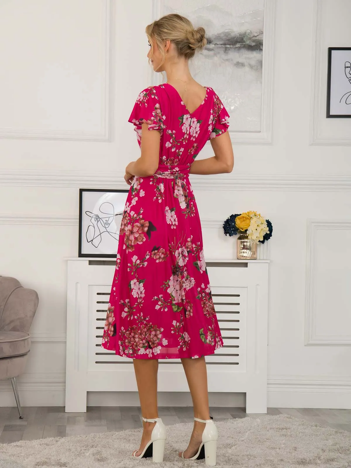 Sarina Wrap Mesh Midi Dress, Cerise
