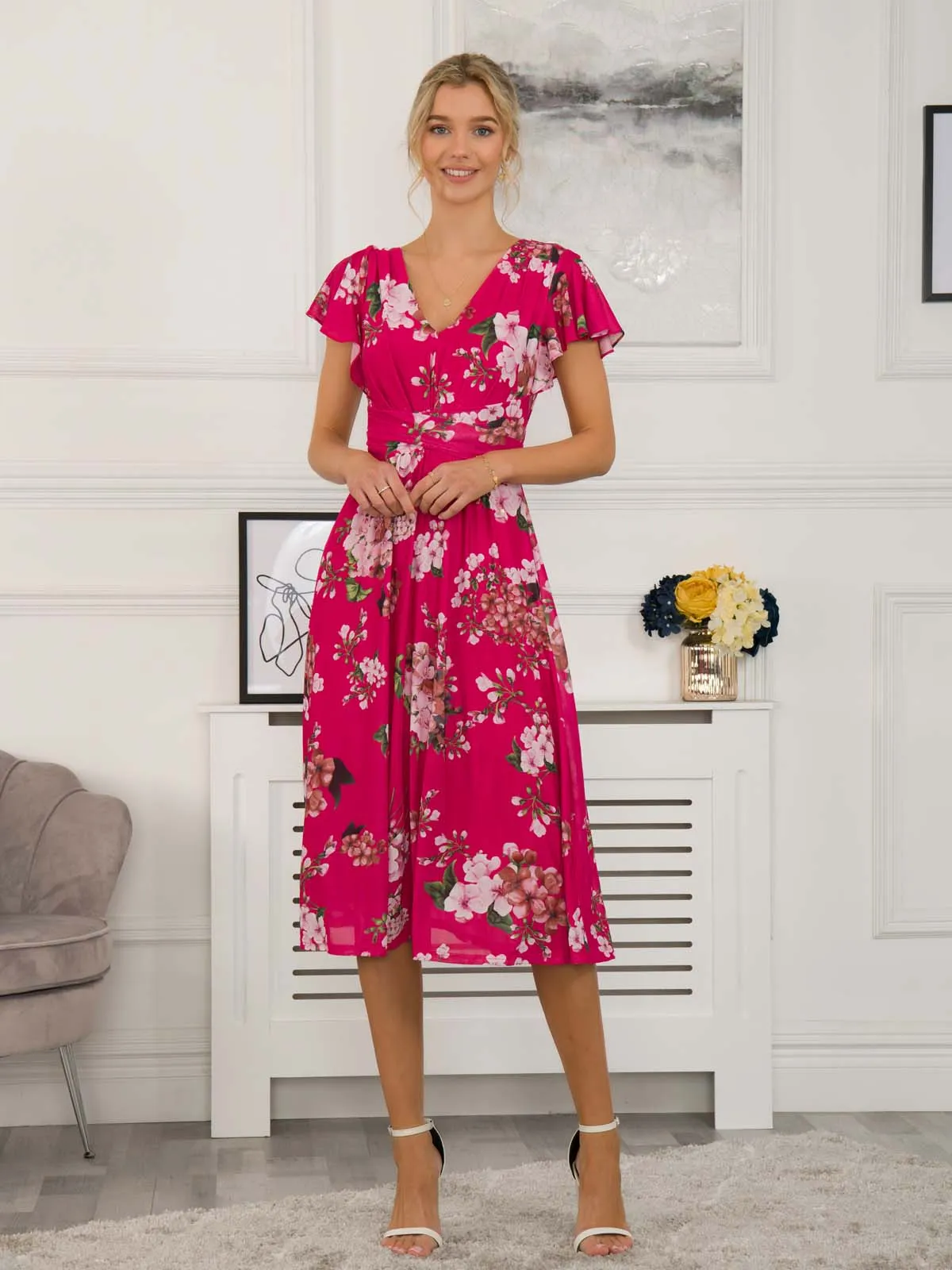 Sarina Wrap Mesh Midi Dress, Cerise