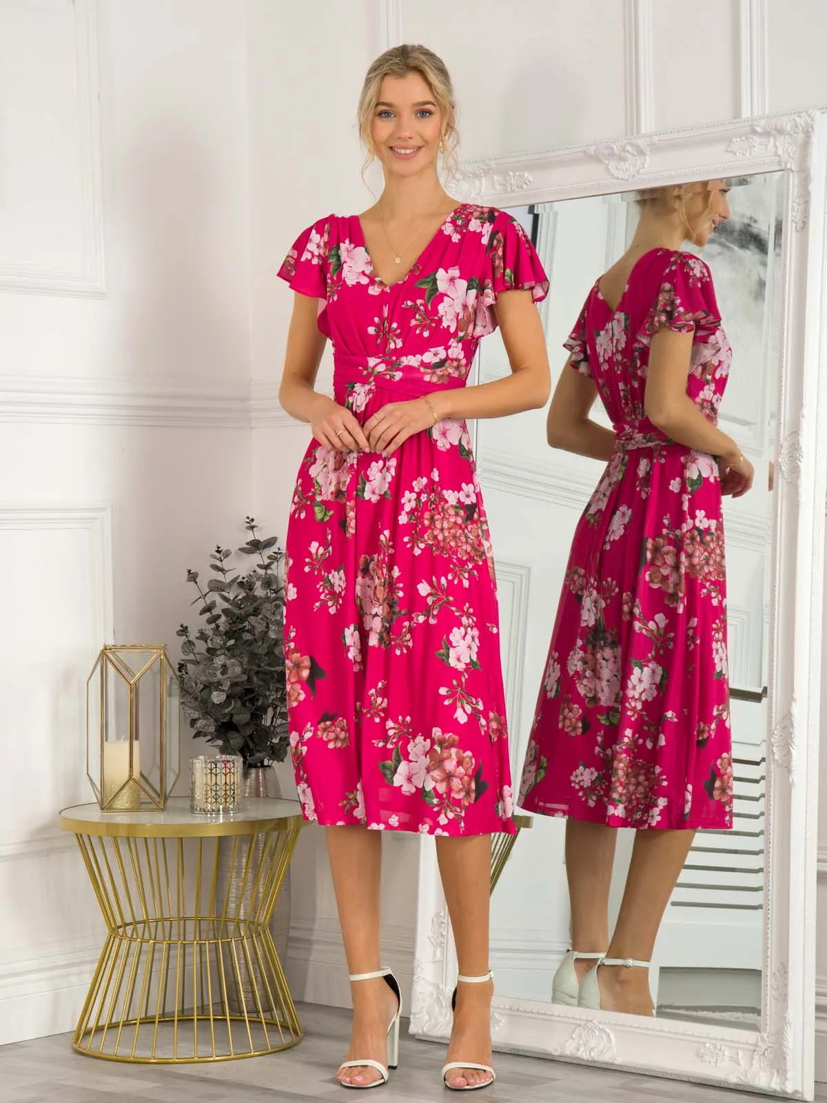 Sarina Wrap Mesh Midi Dress, Cerise