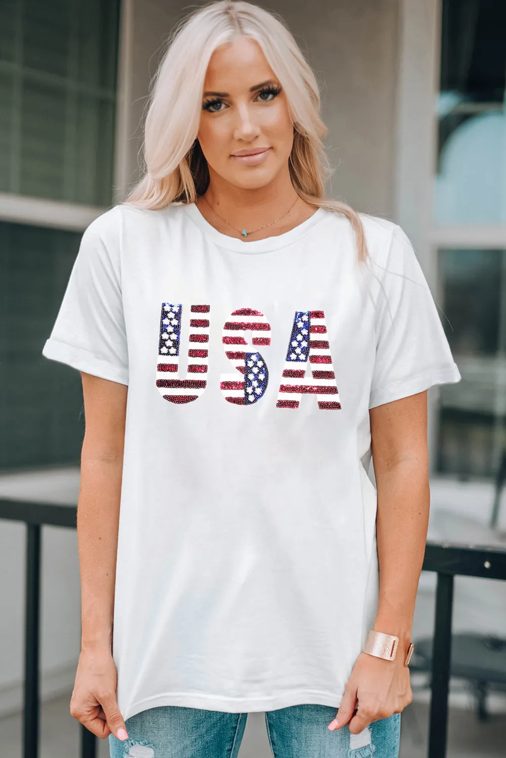 Sequin Flag "USA" T Shirt
