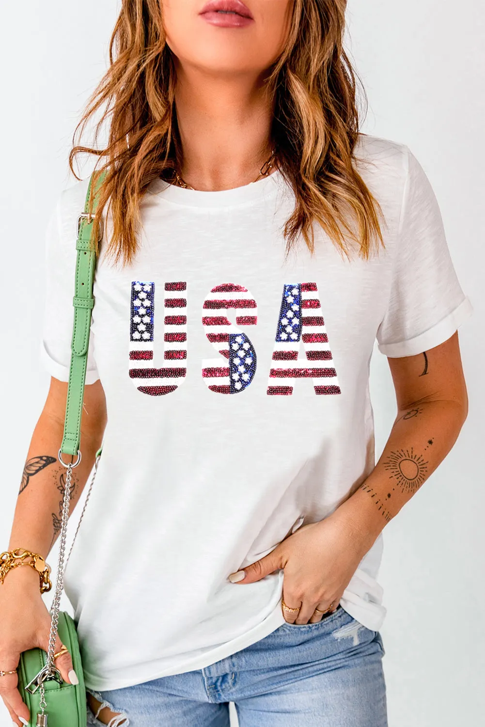 Sequin Flag "USA" T Shirt