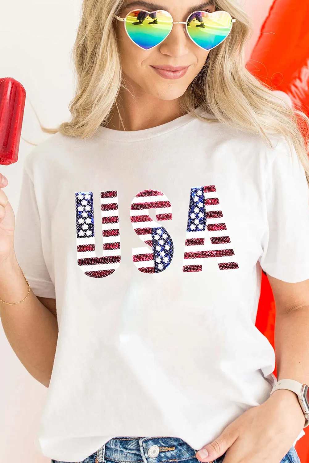 Sequin Flag "USA" T Shirt