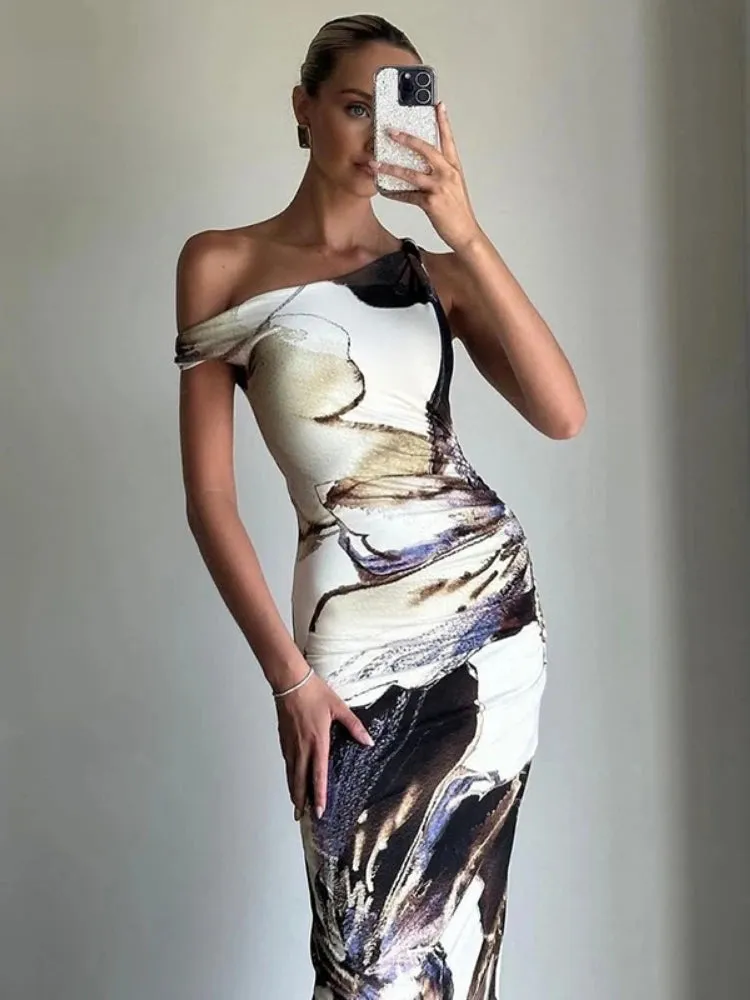TAVIMART  -  Elegant Light Luxury Design Long Dress Summer Woman 2024 Trend Slanted Shoulder Slim Fashion Dyed Printed Bodycon Dress