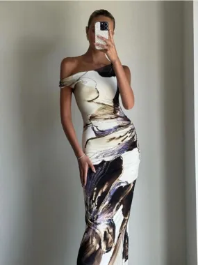TAVIMART  -  Elegant Light Luxury Design Long Dress Summer Woman 2024 Trend Slanted Shoulder Slim Fashion Dyed Printed Bodycon Dress