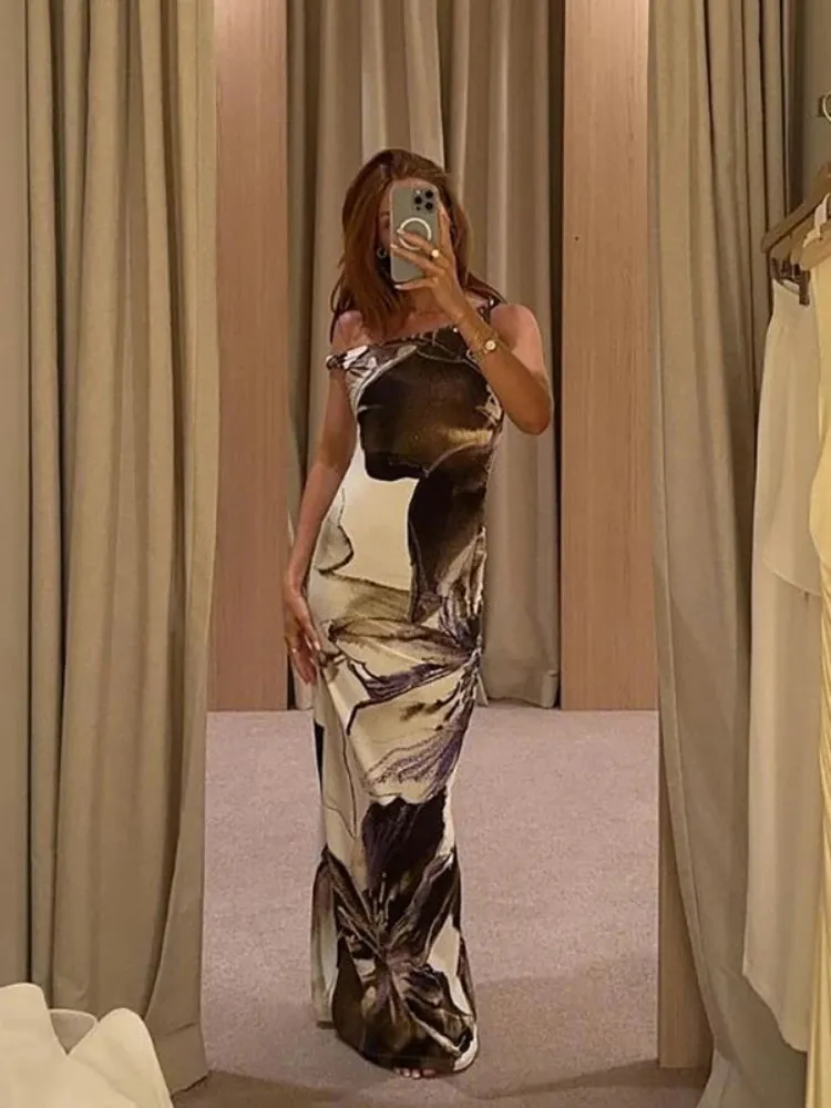TAVIMART  -  Elegant Light Luxury Design Long Dress Summer Woman 2024 Trend Slanted Shoulder Slim Fashion Dyed Printed Bodycon Dress