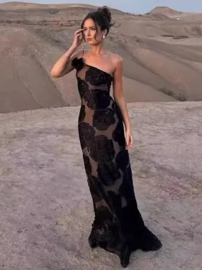 TAVIMART  -  Summer Sexy Flowers Evening Party Dresses for Women Luxury One Shoulder High Waist Backless Bodycon Black Holiday Dress