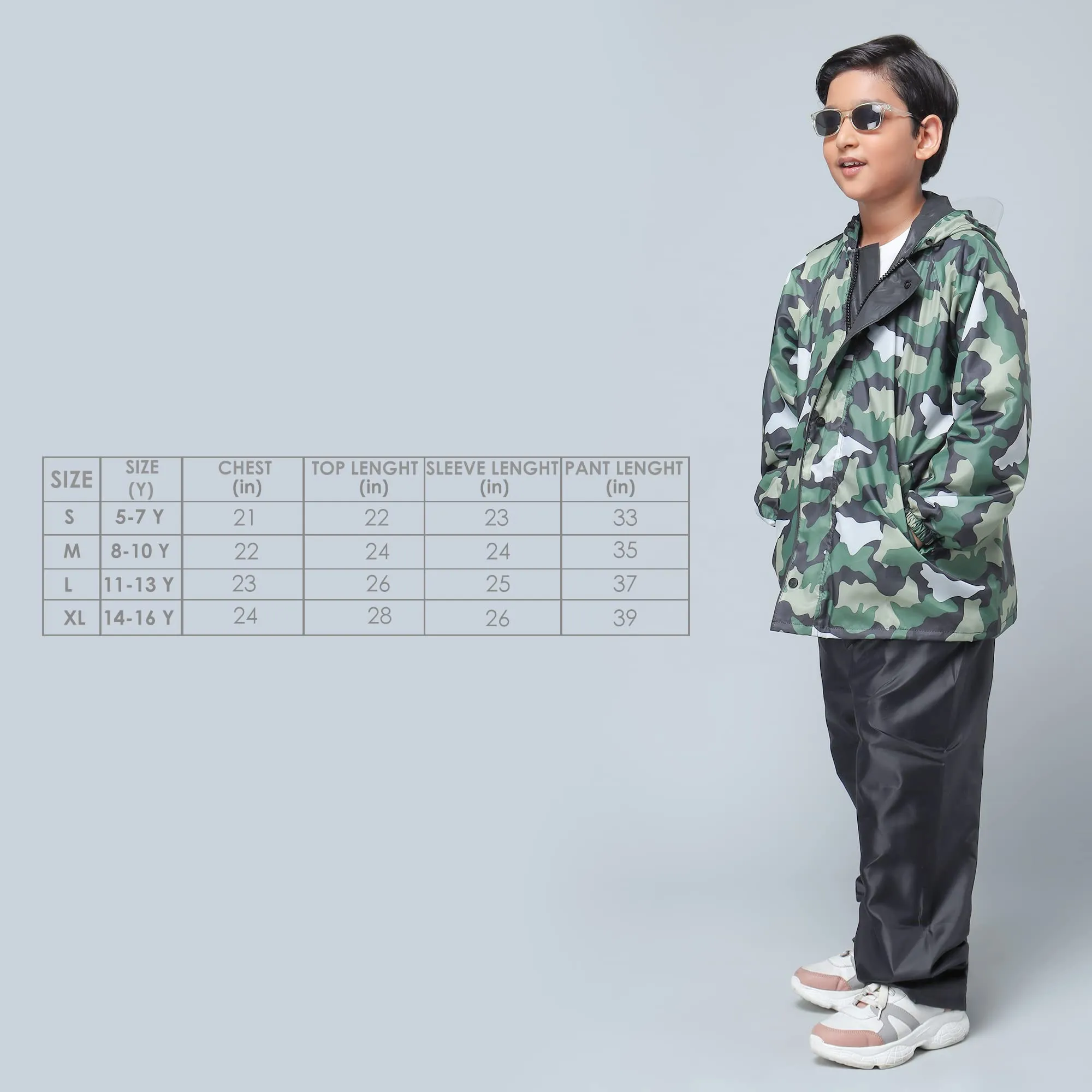 The Clownfish by STRAUSS Comrad Series Kids Waterproof Nylon Double Coating Reversible Raincoat with Hood and Reflector Logo at Back. Set of Top and Bottom. Printed Pouch.14-16 Years(Green Camo)
