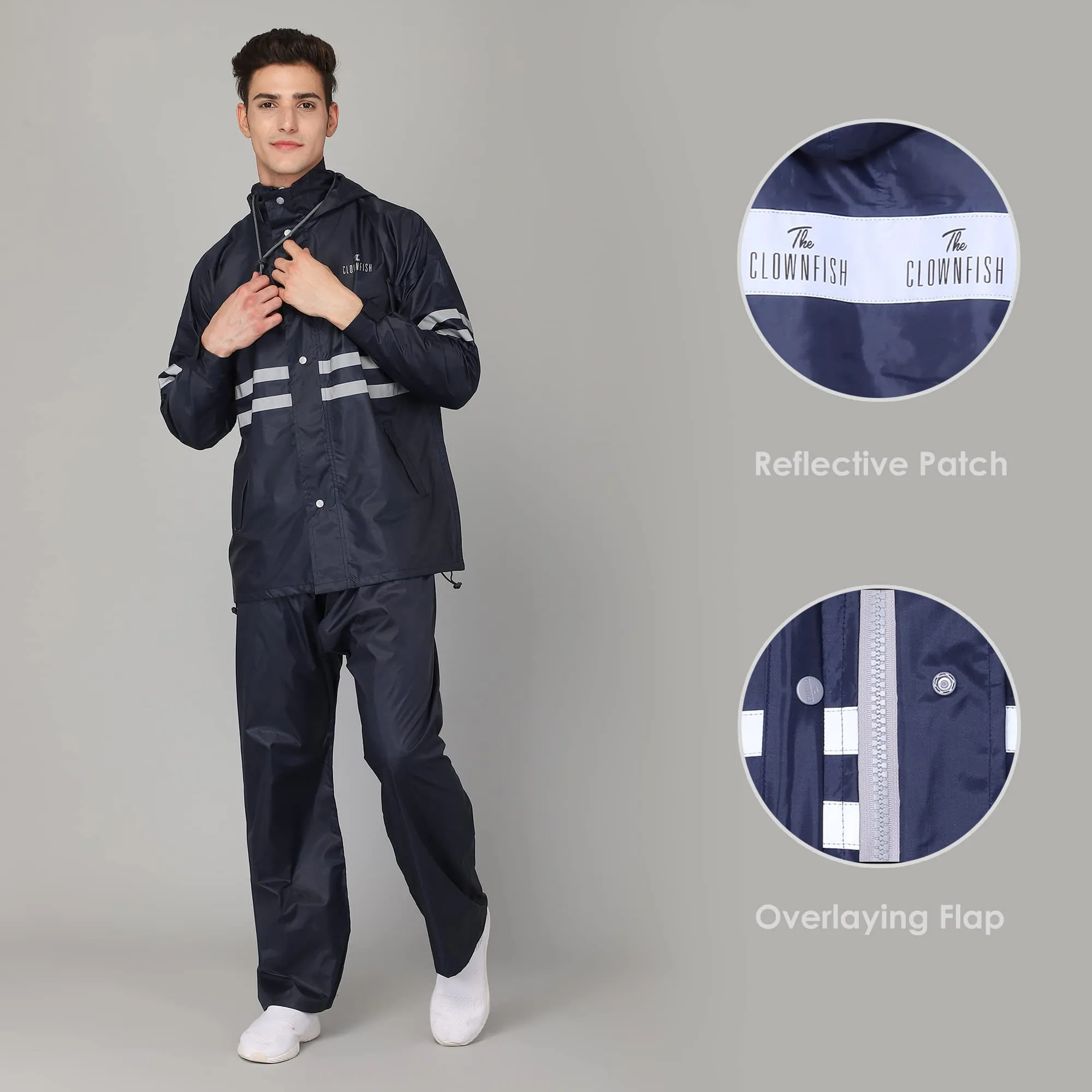THE CLOWNFISH Darius Series Men's Waterproof Polyester Raincoat with Hood and Reflector Logo at Back for Night Travelling. Set of Top and Bottom. Printed Plastic Pouch with Rope (Blue, XX-Large)