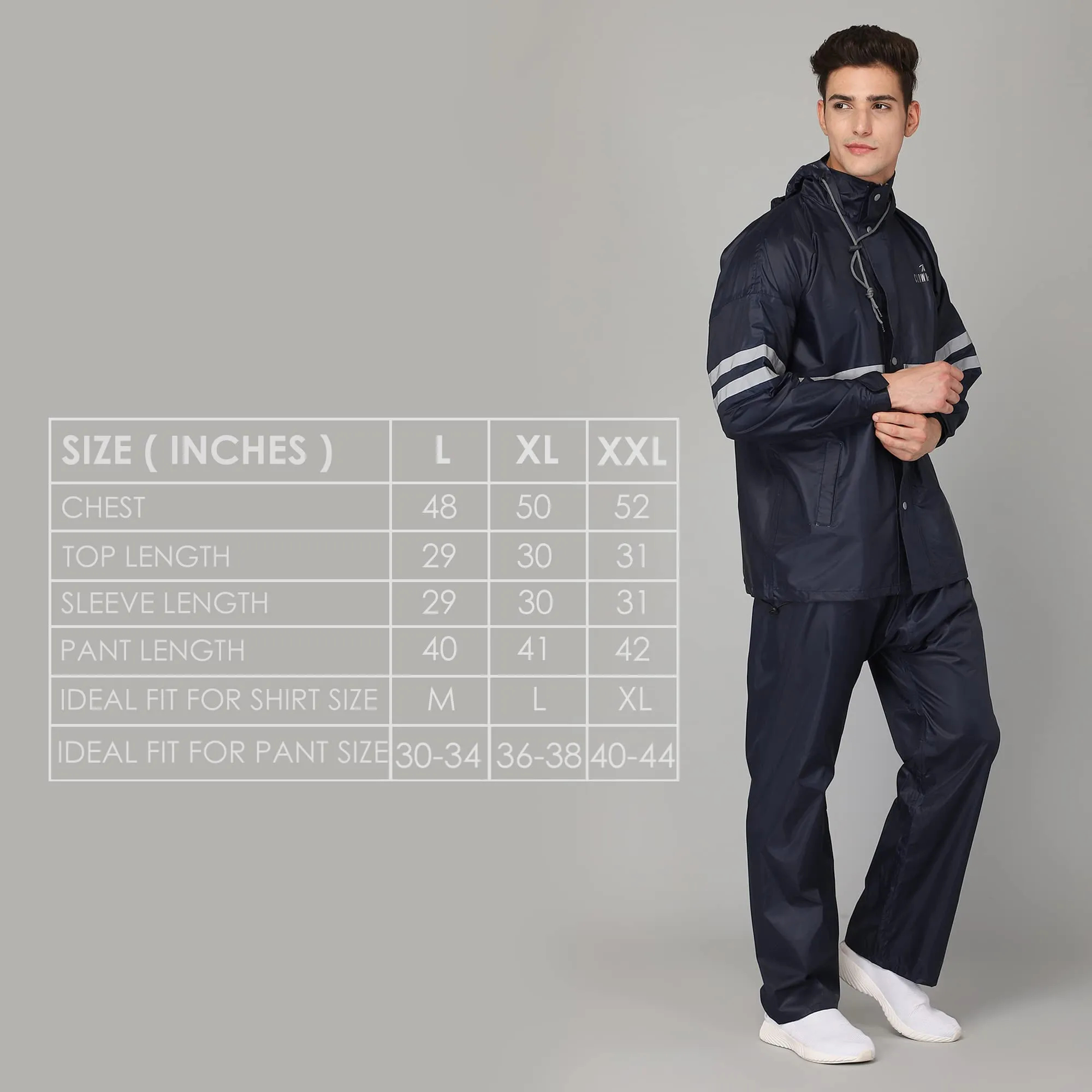 THE CLOWNFISH Darius Series Men's Waterproof Polyester Raincoat with Hood and Reflector Logo at Back for Night Travelling. Set of Top and Bottom. Printed Plastic Pouch with Rope (Blue, XX-Large)