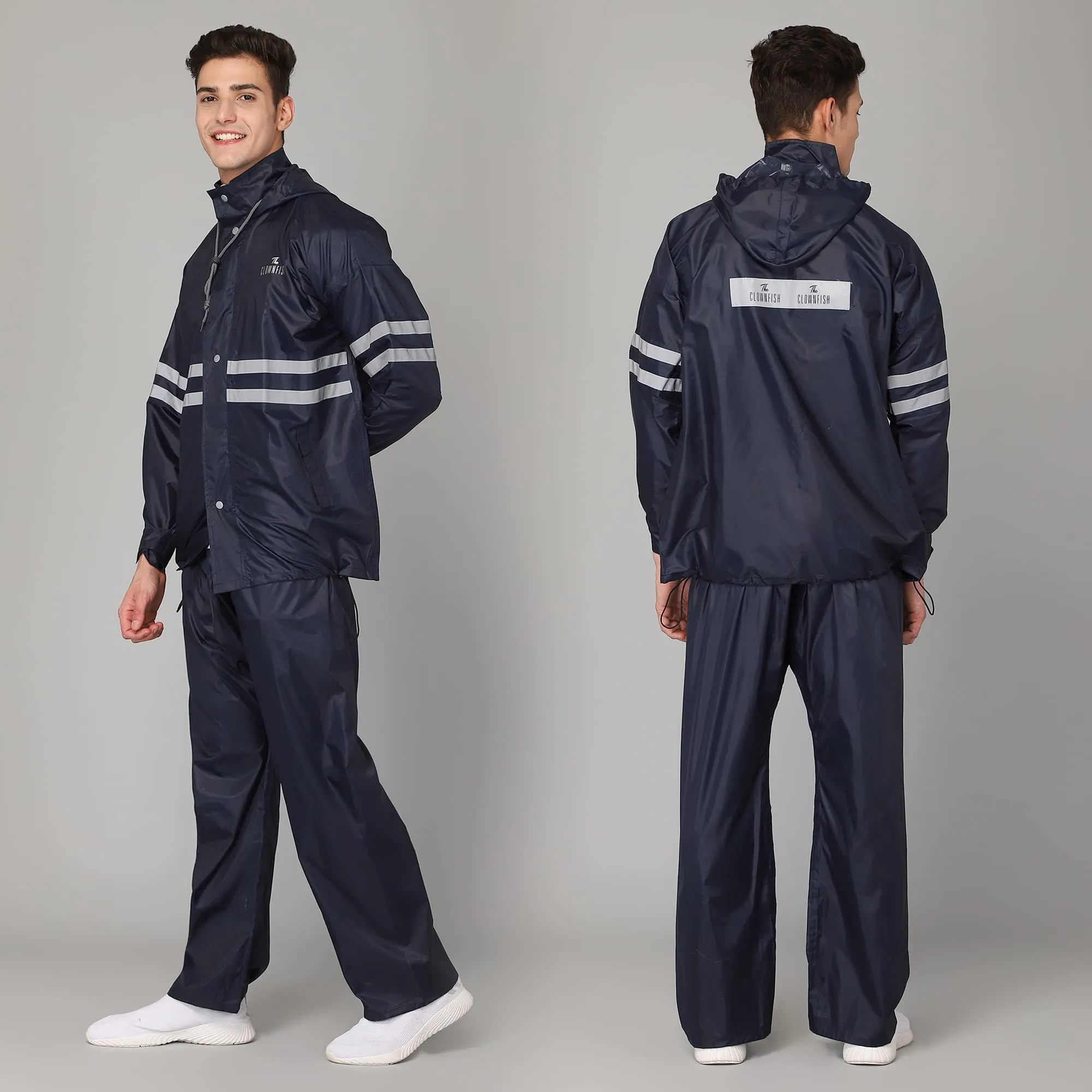 THE CLOWNFISH Darius Series Men's Waterproof Polyester Raincoat with Hood and Reflector Logo at Back for Night Travelling. Set of Top and Bottom. Printed Plastic Pouch with Rope (Blue, XX-Large)
