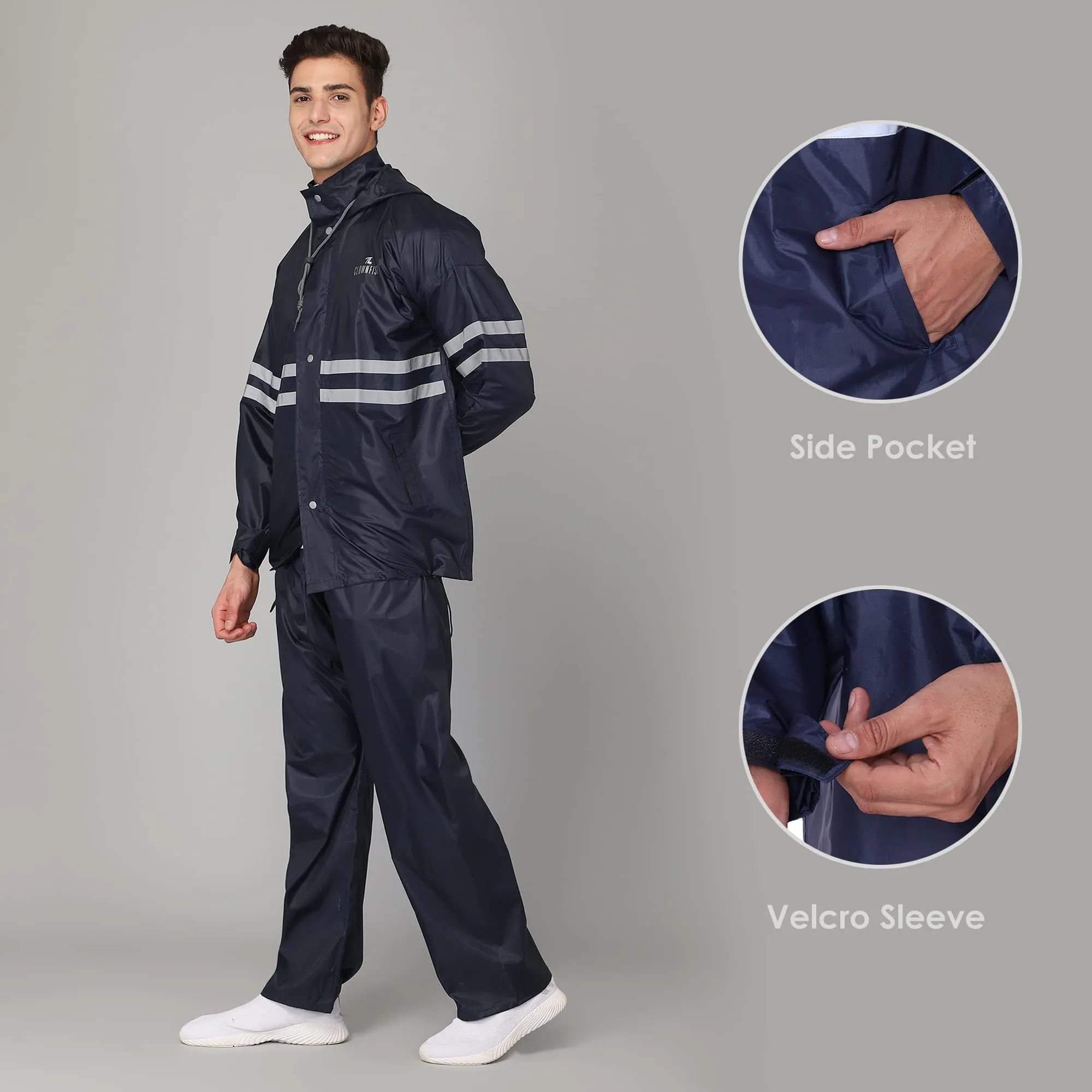 THE CLOWNFISH Darius Series Men's Waterproof Polyester Raincoat with Hood and Reflector Logo at Back for Night Travelling. Set of Top and Bottom. Printed Plastic Pouch with Rope (Blue, XX-Large)