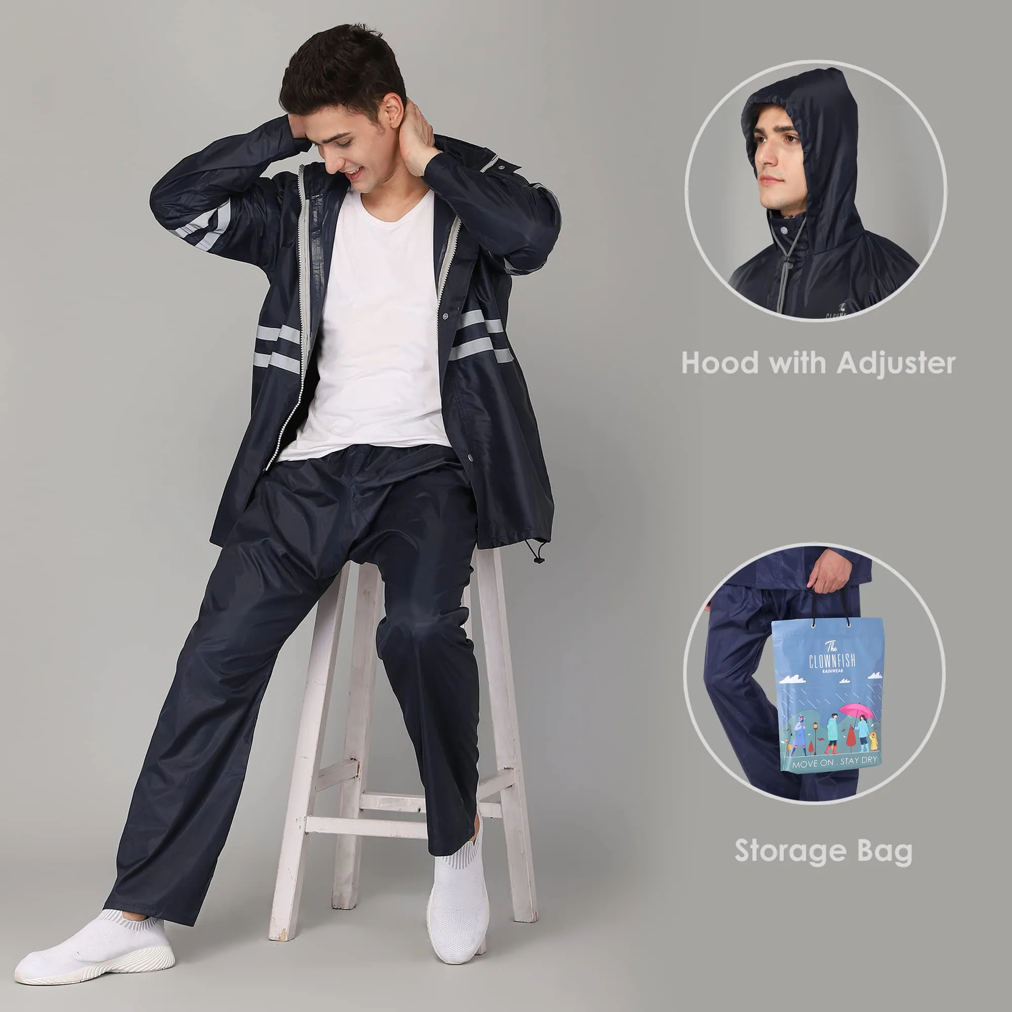 THE CLOWNFISH Darius Series Men's Waterproof Polyester Raincoat with Hood and Reflector Logo at Back for Night Travelling. Set of Top and Bottom. Printed Plastic Pouch with Rope (Blue, XX-Large)