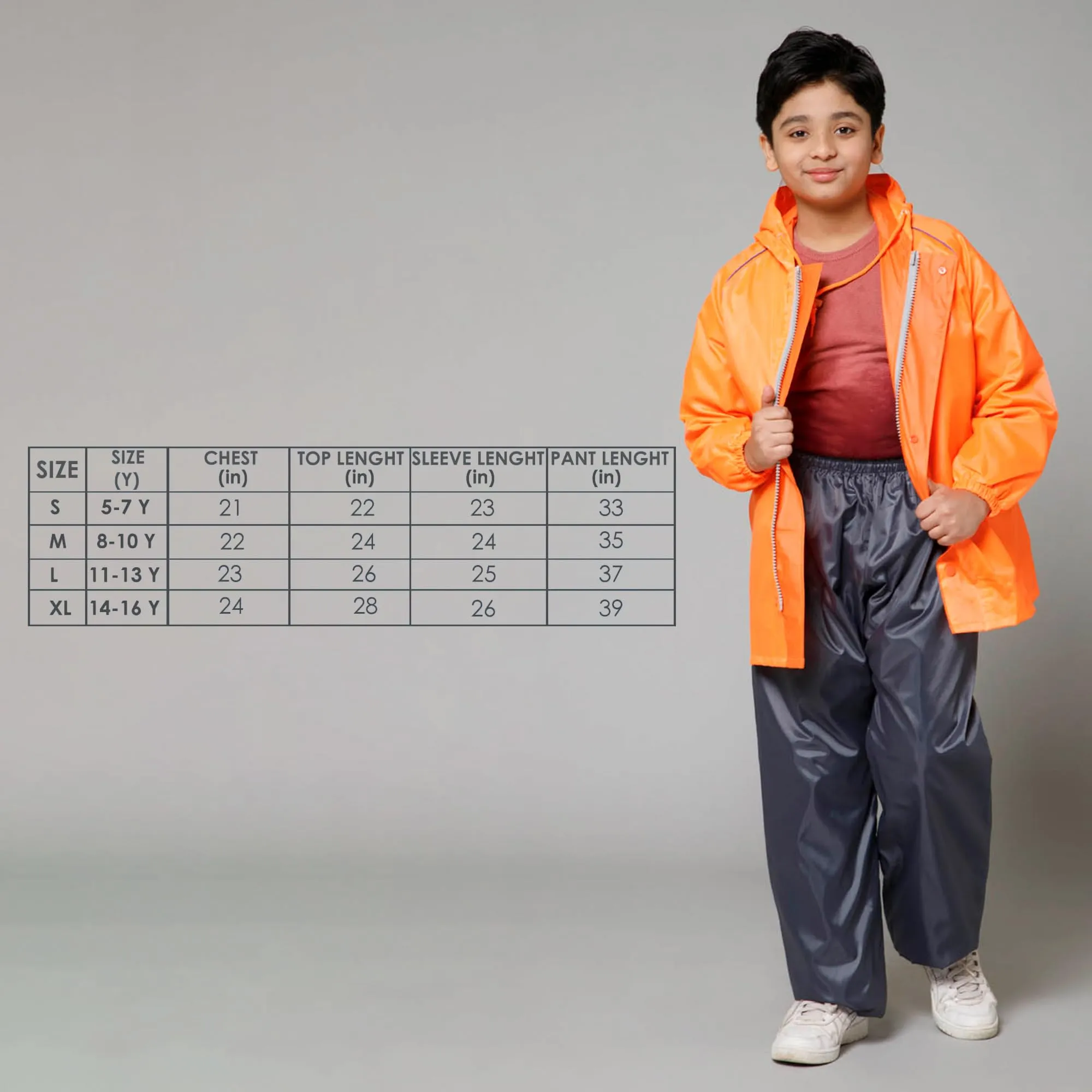 THE CLOWNFISH Duke Series Kids Waterproof Polyester Double Coating Reversible Raincoat with Hood and Reflector Logo at Back. Set of Top and Bottom. Printed Plastic Pouch. Kid Age-14-16 years (Orange)