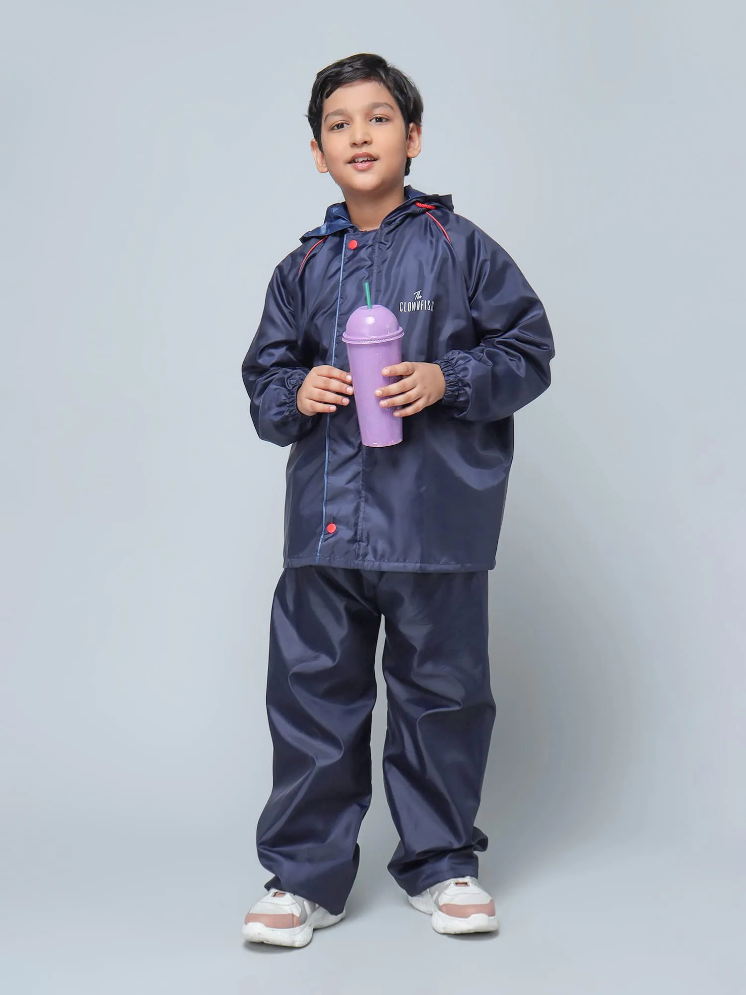 THE CLOWNFISH Duke Series Kid's Waterproof Polyester Double Coating Reversible Standard Length Raincoat With Hood And Reflector At Back Set Of Top And Bottom Printed Plastic Pouch Age-5-7 Years(Blue)