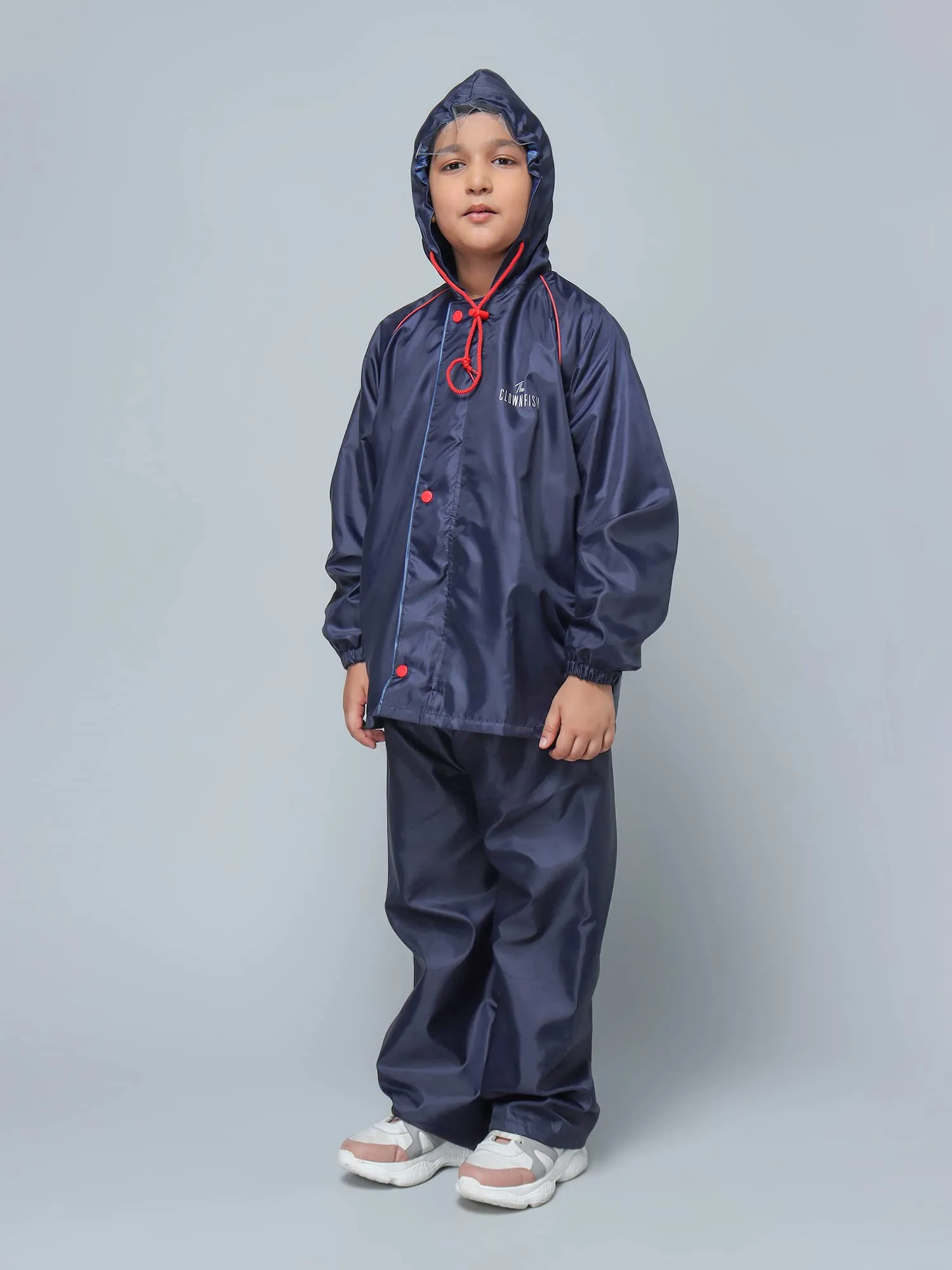 THE CLOWNFISH Duke Series Kid's Waterproof Polyester Double Coating Reversible Standard Length Raincoat With Hood And Reflector At Back Set Of Top And Bottom Printed Plastic Pouch Age-5-7 Years(Blue)