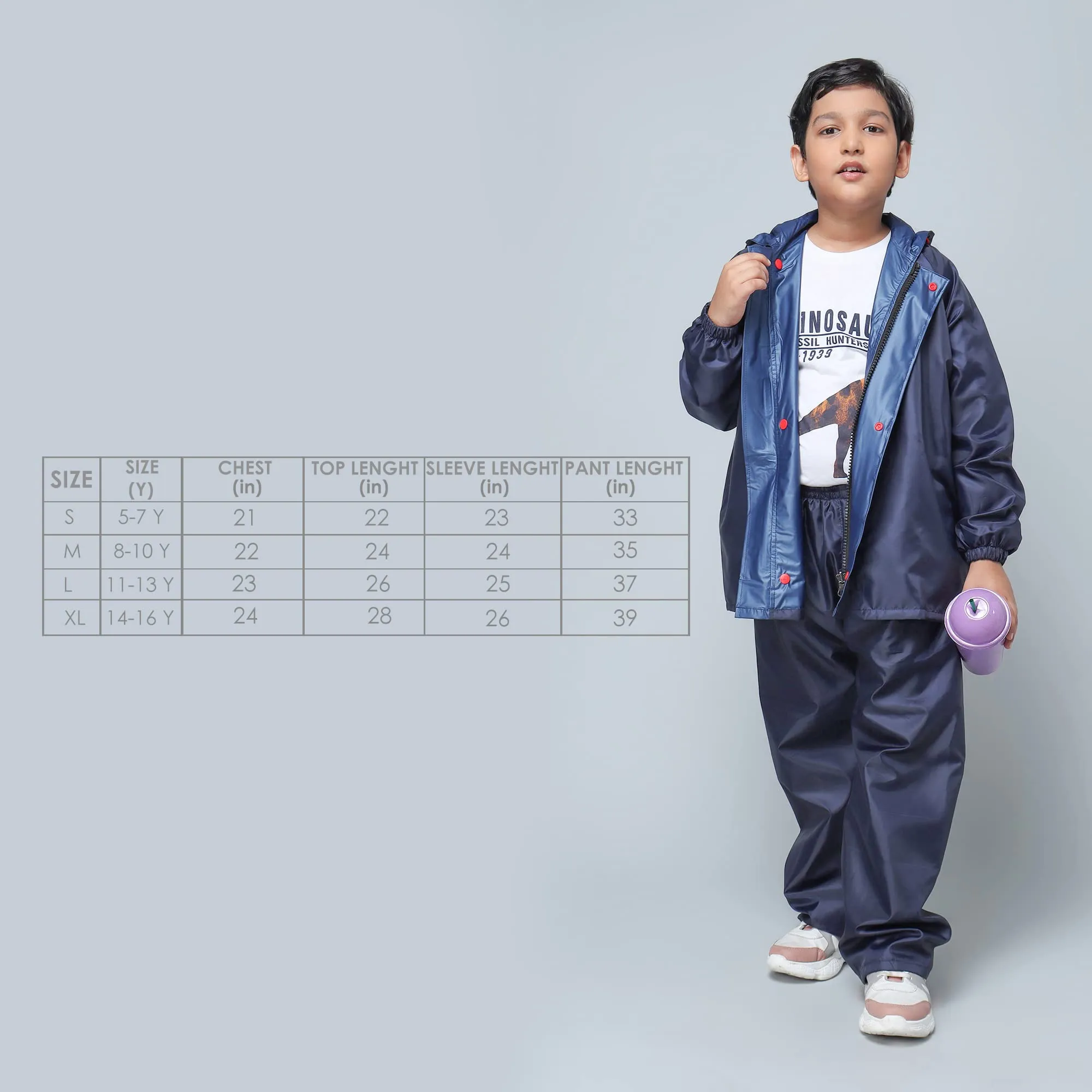 THE CLOWNFISH Duke Series Kid's Waterproof Polyester Double Coating Reversible Standard Length Raincoat With Hood And Reflector At Back Set Of Top And Bottom Printed Plastic Pouch Age-5-7 Years(Blue)