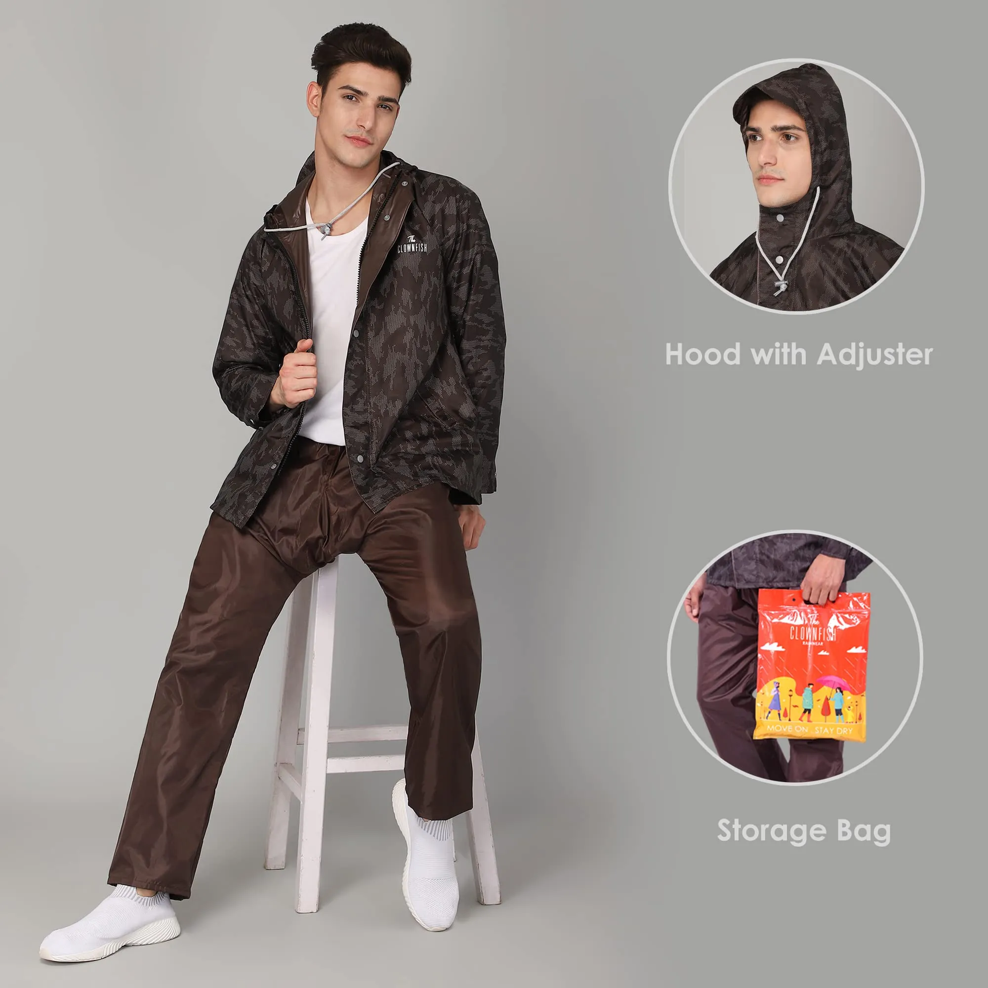 THE CLOWNFISH Francis Series Men's Waterproof Polyester Double Coating Reversible Raincoat with Hood and Reflector Logo at Back. Set of Top and Bottom. Printed Plastic Pouch with Rope (Brown, XL)