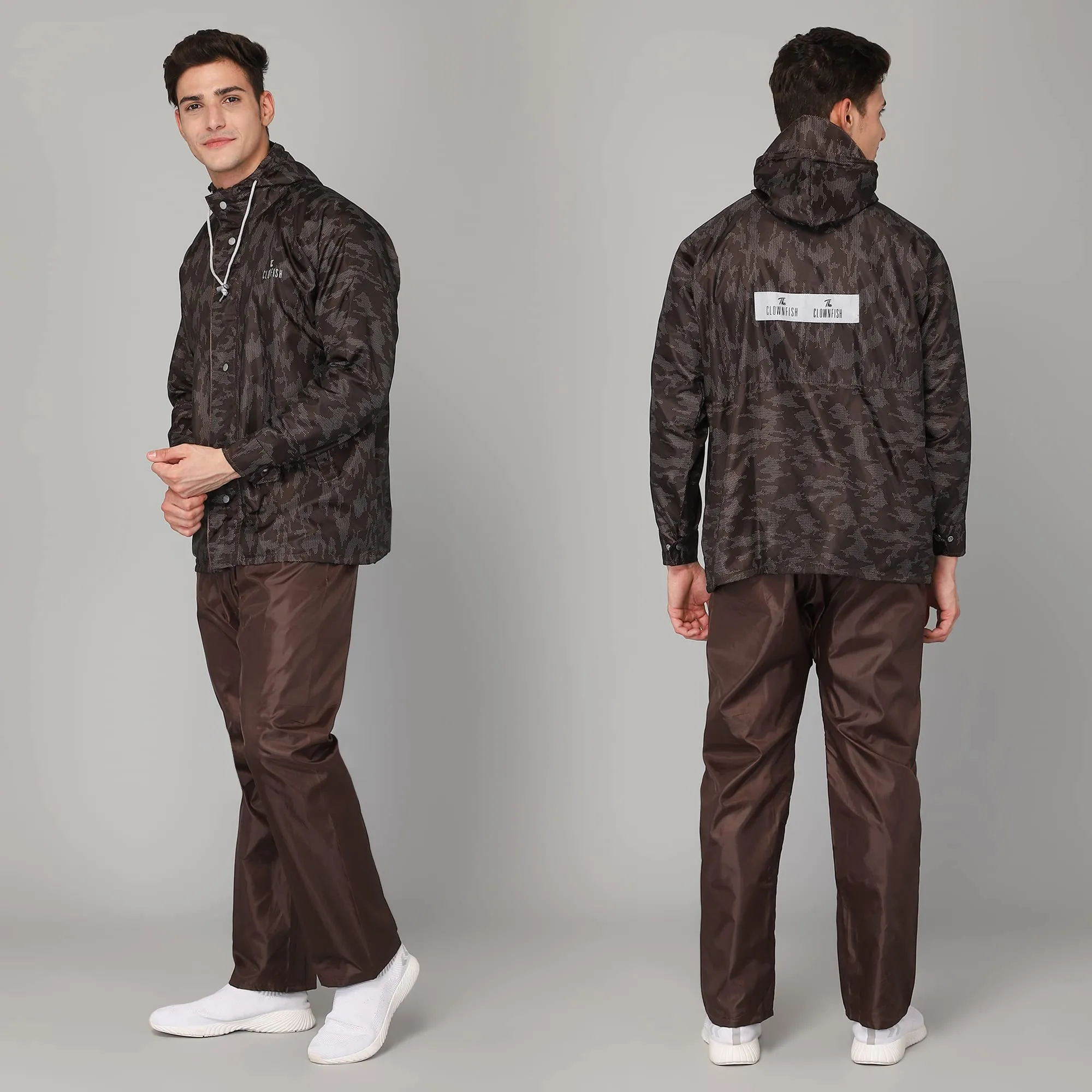 THE CLOWNFISH Francis Series Men's Waterproof Polyester Double Coating Reversible Raincoat with Hood and Reflector Logo at Back. Set of Top and Bottom. Printed Plastic Pouch with Rope (Brown, XL)