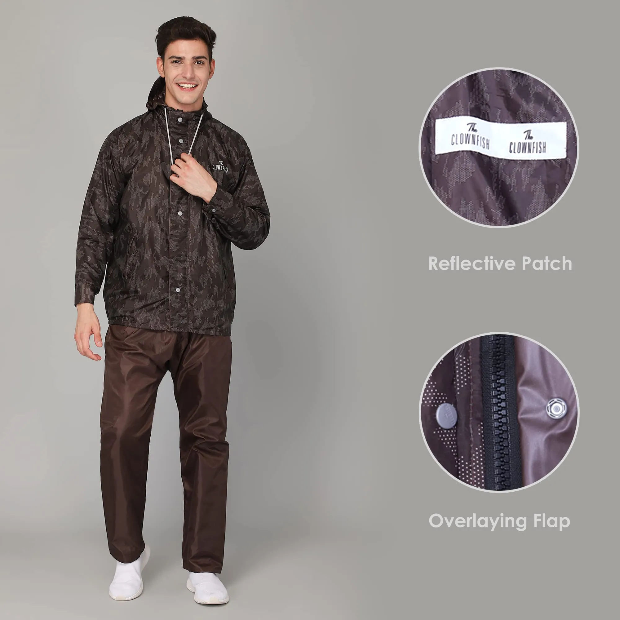 THE CLOWNFISH Francis Series Men's Waterproof Polyester Double Coating Reversible Raincoat with Hood and Reflector Logo at Back. Set of Top and Bottom. Printed Plastic Pouch with Rope (Brown, XL)