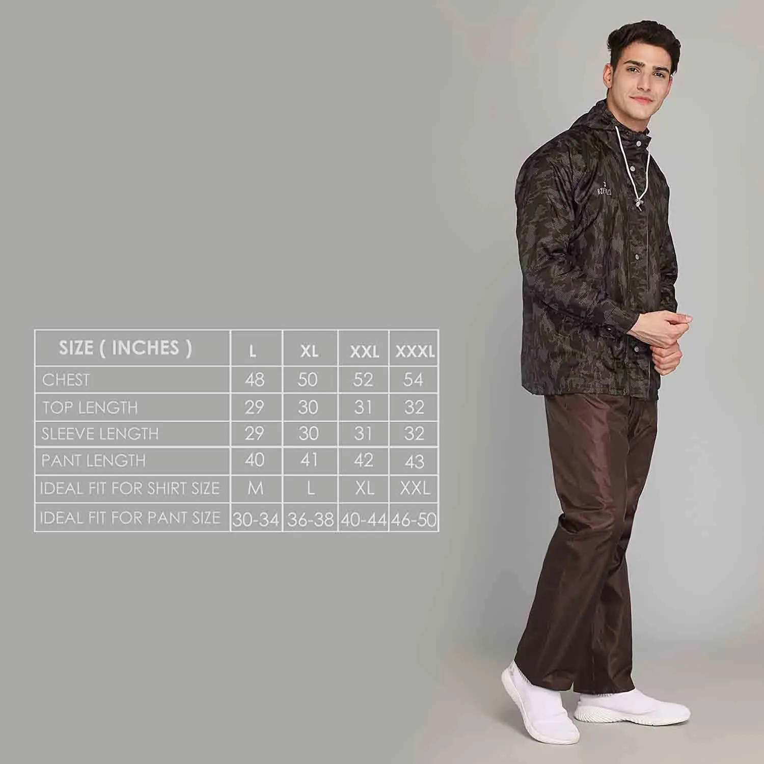 THE CLOWNFISH Francis Series Men's Waterproof Polyester Double Coating Reversible Raincoat with Hood and Reflector Logo at Back. Set of Top and Bottom. Printed Plastic Pouch with Rope (Brown, XL)