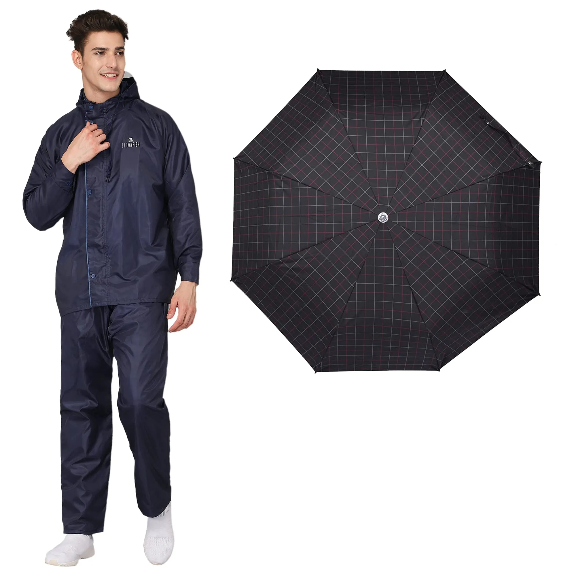 THE CLOWNFISH Polyester Combo Of Standard Length Rain Coat For Men Waterproof Polyester (Blue Xl) Umbrella 3 Fold Waterproof Pongee (Checks Design- Dark Pink)