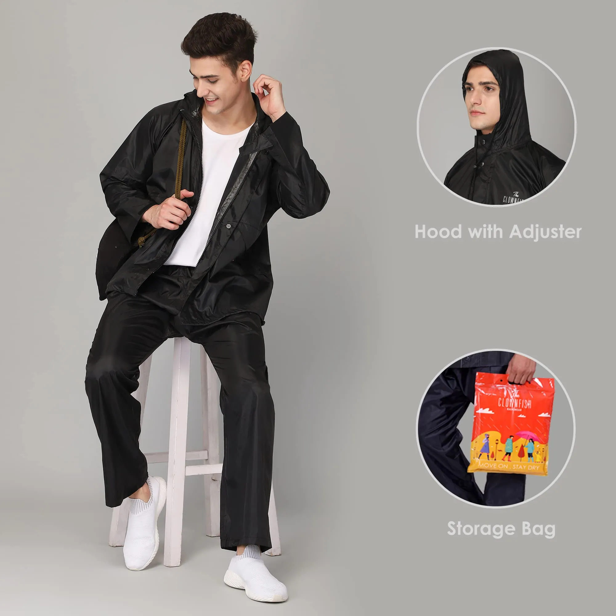 THE CLOWNFISH Polyester Rain Coat For Men Waterproof For Bike Raincoat For Men With Hood. Set Of Top And Bottom. Classic Pro Series (Black, Xx-Large)