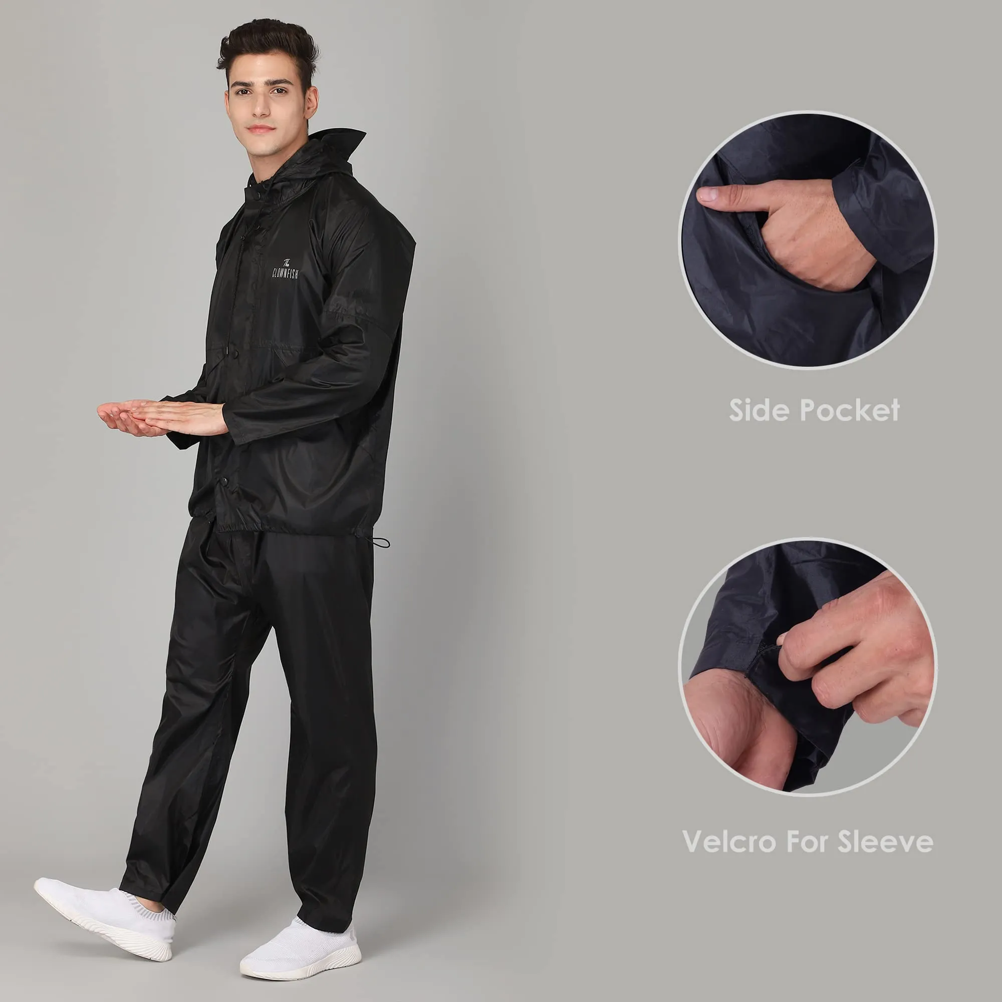 THE CLOWNFISH Polyester Rain Coat For Men Waterproof For Bike Raincoat For Men With Hood. Set Of Top And Bottom. Classic Pro Series (Black, Xx-Large)
