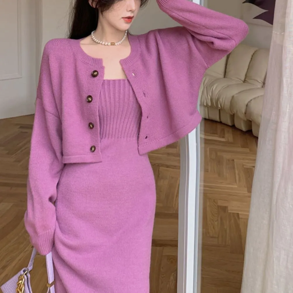 Wenkouban korean fashion Knitted Cardigan Sweater Elegant Strap Dress Two-Piece Suit