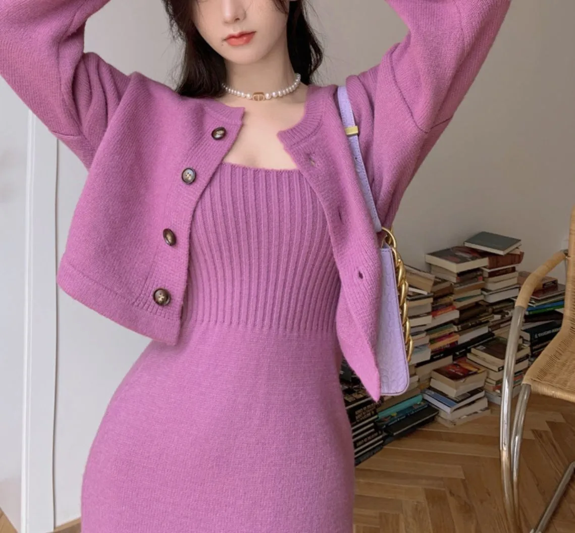 Wenkouban korean fashion Knitted Cardigan Sweater Elegant Strap Dress Two-Piece Suit
