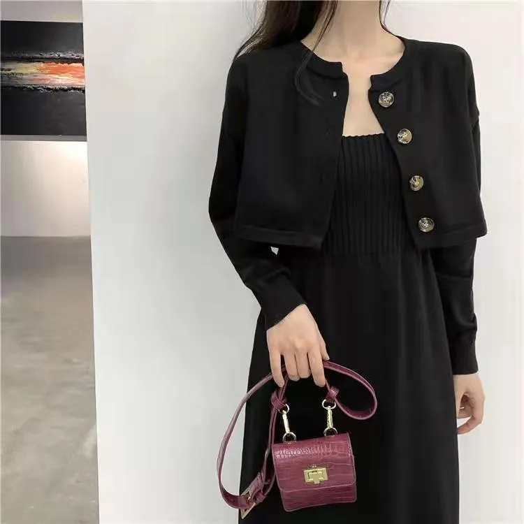 Wenkouban korean fashion Knitted Cardigan Sweater Elegant Strap Dress Two-Piece Suit