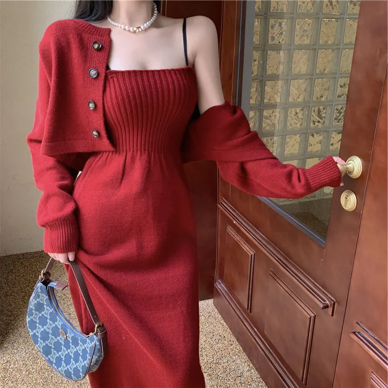 Wenkouban korean fashion Knitted Cardigan Sweater Elegant Strap Dress Two-Piece Suit