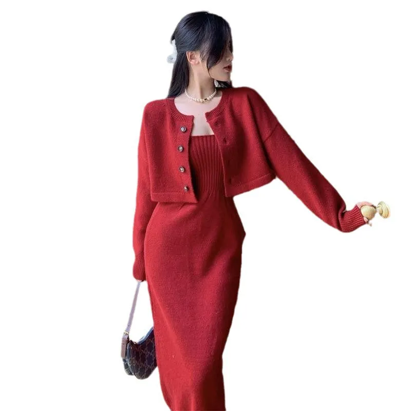 Wenkouban korean fashion Knitted Cardigan Sweater Elegant Strap Dress Two-Piece Suit
