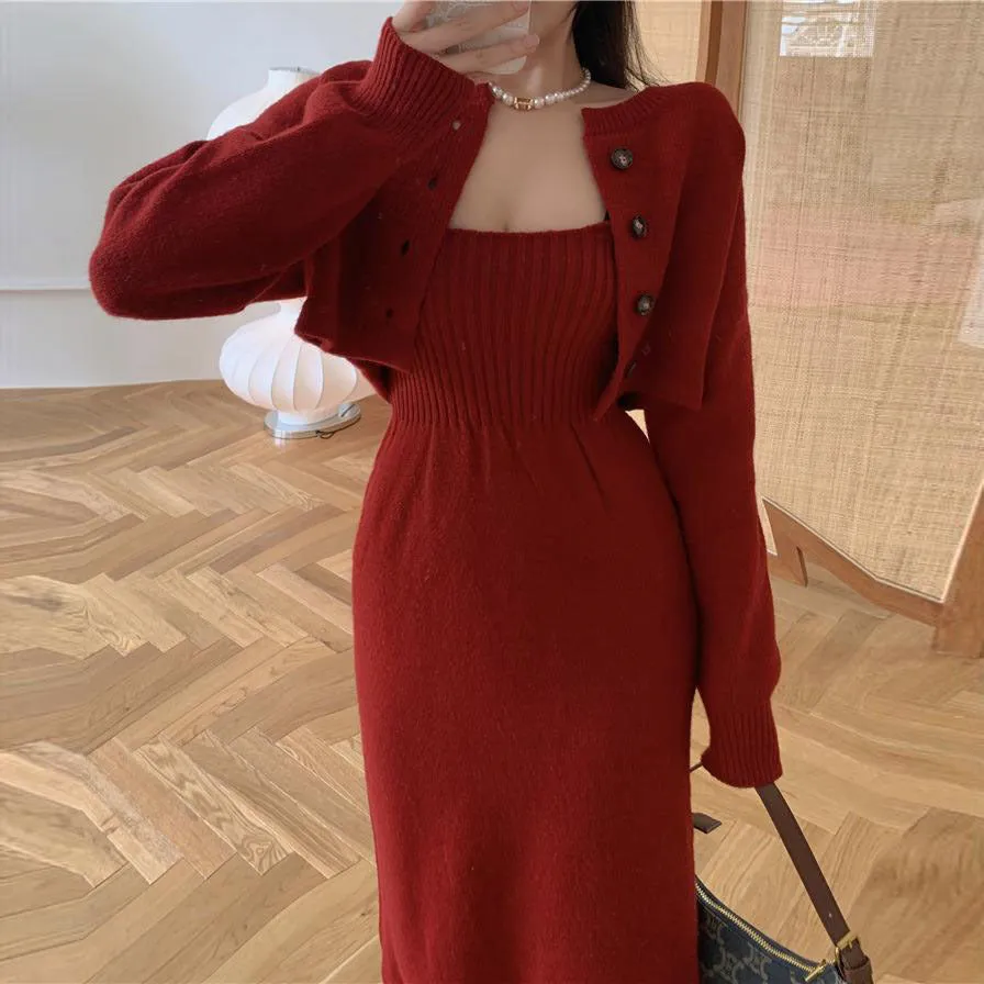 Wenkouban korean fashion Knitted Cardigan Sweater Elegant Strap Dress Two-Piece Suit
