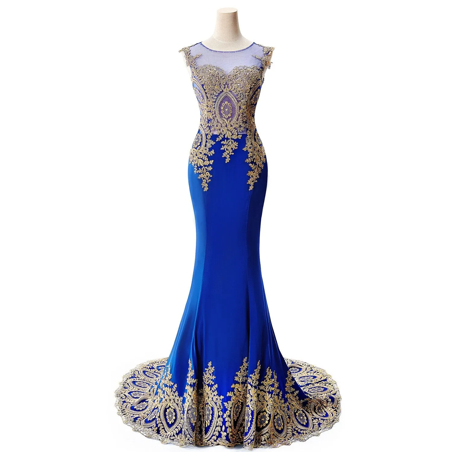 Wenkouban Plus Size Blue Prom Dresses Long Women Mermaid Train Party Gown Birthday Gift Lady Luxury Gold Lace Appliques See through Back