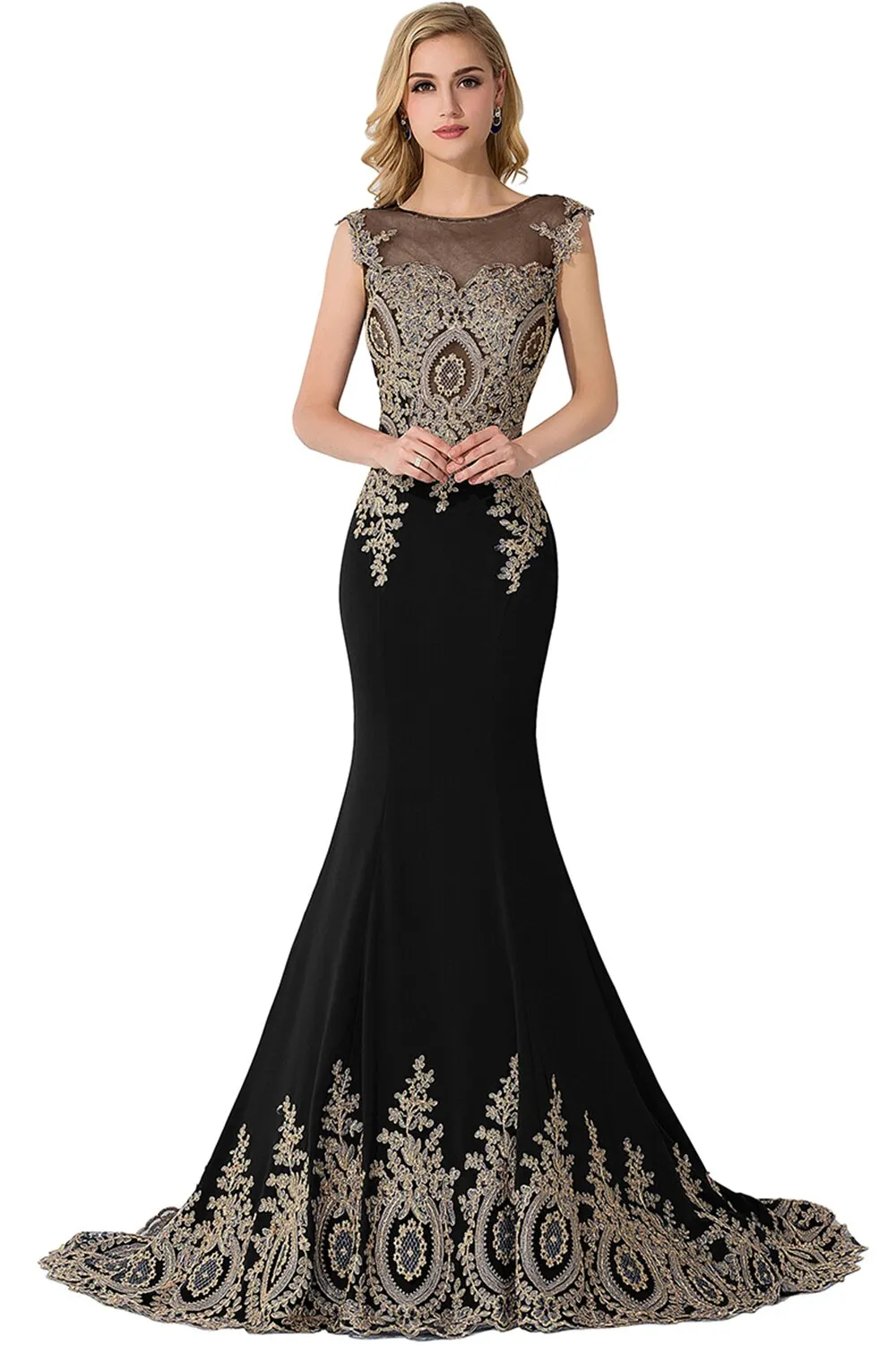 Wenkouban Plus Size Blue Prom Dresses Long Women Mermaid Train Party Gown Birthday Gift Lady Luxury Gold Lace Appliques See through Back