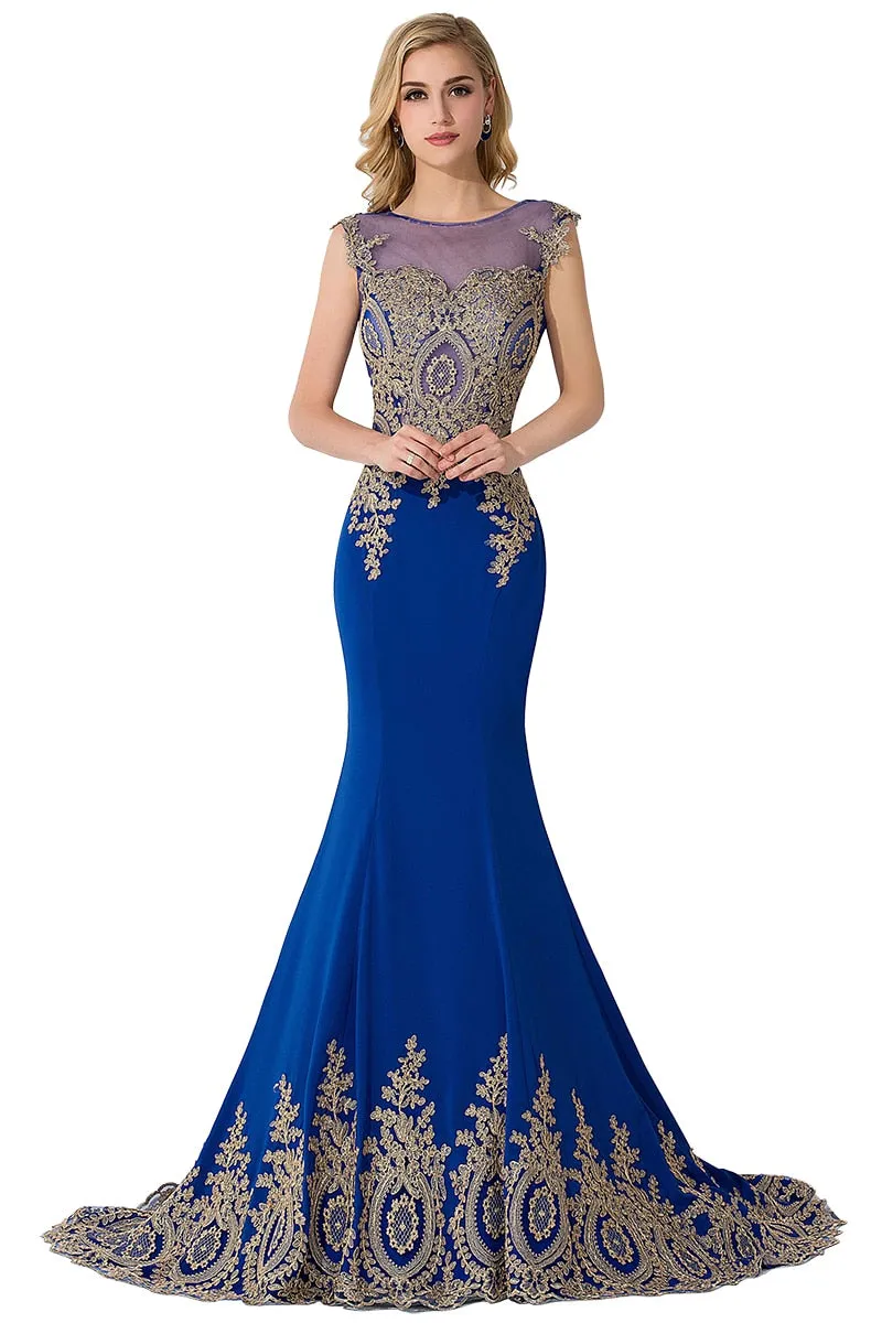 Wenkouban Plus Size Blue Prom Dresses Long Women Mermaid Train Party Gown Birthday Gift Lady Luxury Gold Lace Appliques See through Back