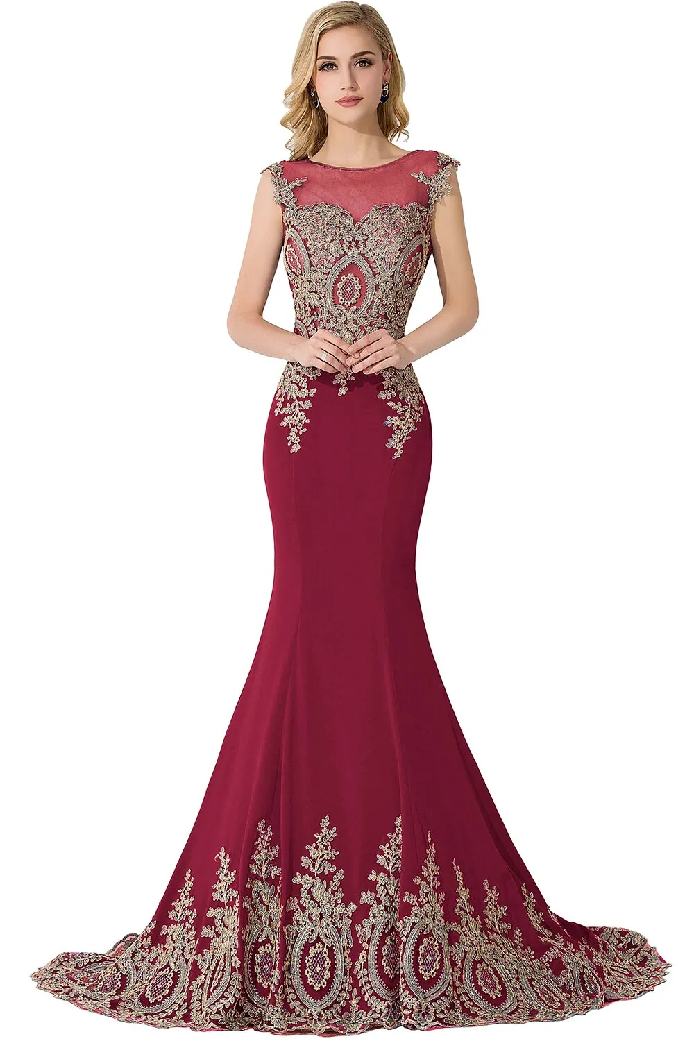 Wenkouban Plus Size Blue Prom Dresses Long Women Mermaid Train Party Gown Birthday Gift Lady Luxury Gold Lace Appliques See through Back