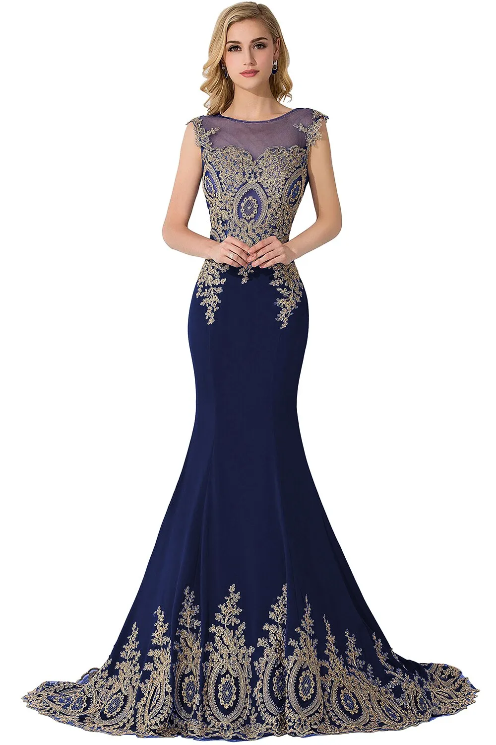 Wenkouban Plus Size Blue Prom Dresses Long Women Mermaid Train Party Gown Birthday Gift Lady Luxury Gold Lace Appliques See through Back