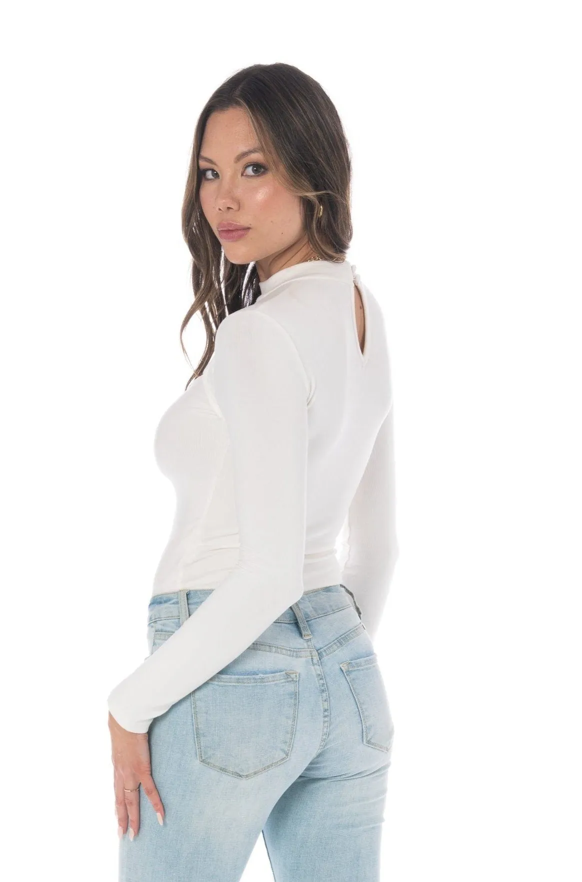 Winter White Long Sleeve Mock Neck Cut-Out Bodysuit