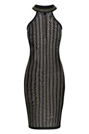 Xtra Black Crystal Iridescent Rhinestone Sheer Mesh Midi Bodycon Dress